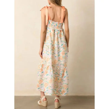MQTIME  -  Women Summer Straps Tied Shoulder Sleeveless V-Neck Smocked Ruffle Trim Floral Print Swing A-line Tank Long Dress
